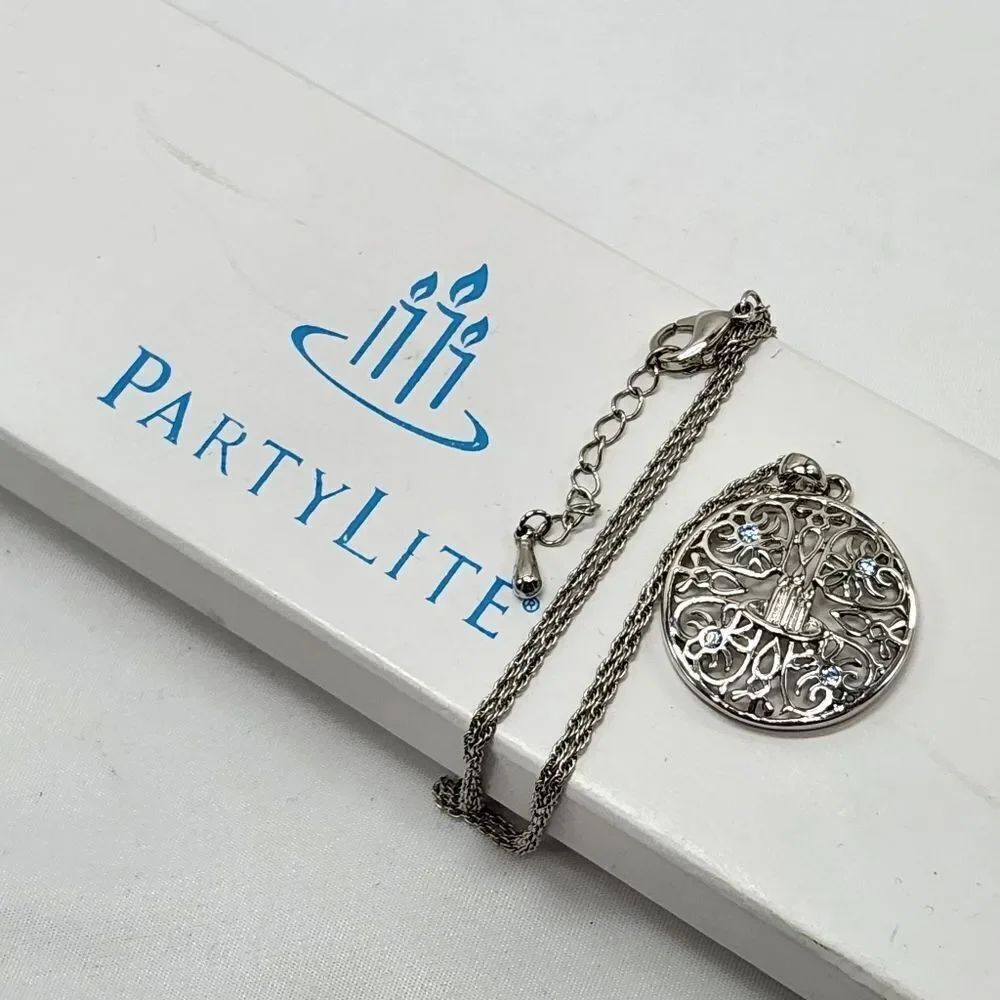 💜Vintage NIB PartyLite Pendant w/Candle Logo & 4 Rhinestone Necklace